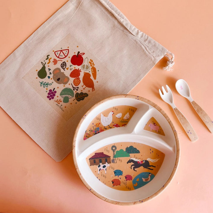 Suki McMaster: Children's 3pc Melamine Dining Set Australian Farm Mustard