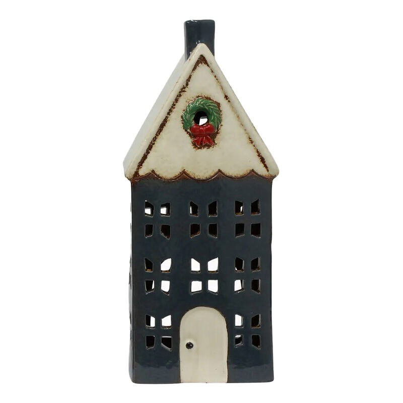 Christmas Tea Light House Blue with Wreath Large