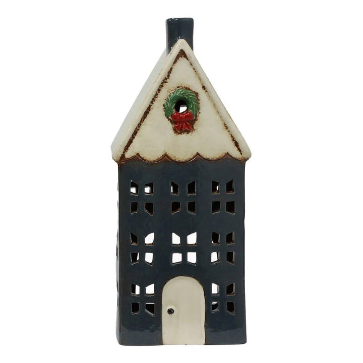 Christmas Tea Light House Blue with Wreath Large