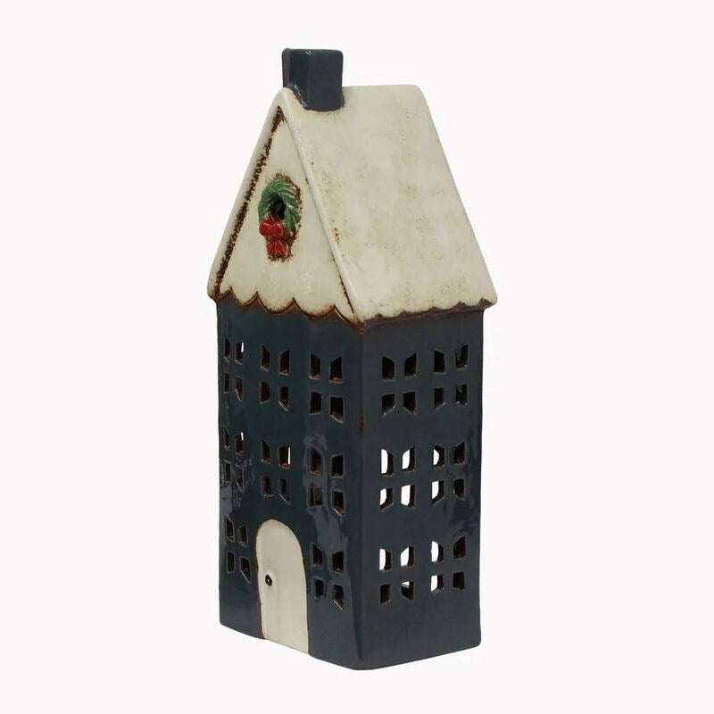 Christmas Tea Light House Blue with Wreath Large