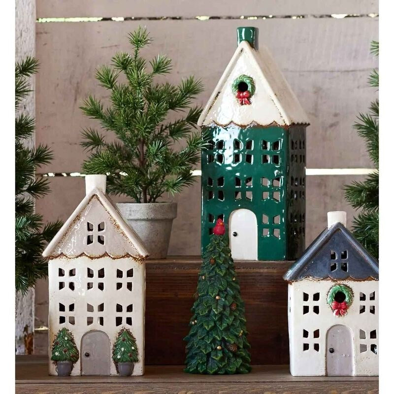 Christmas Tea Light House Green with Wreath Large