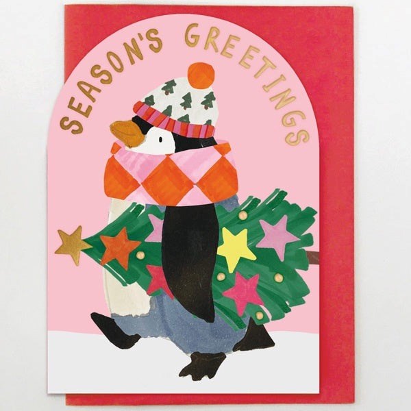 Stop The Clock: Penguin With Christmas Tree Card