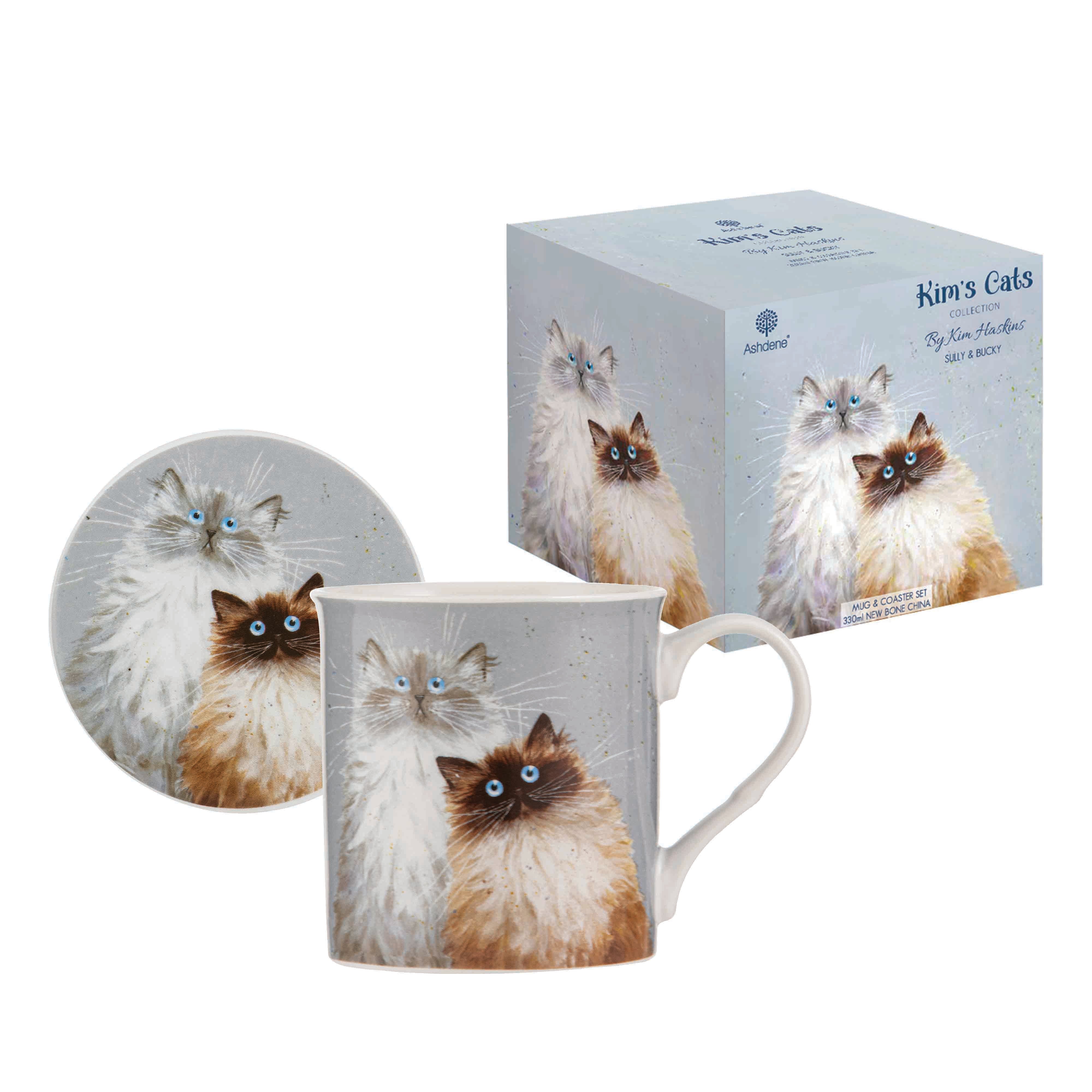 Ashdene Kim's Cats Sully & Bucky Mug & Coaster Set