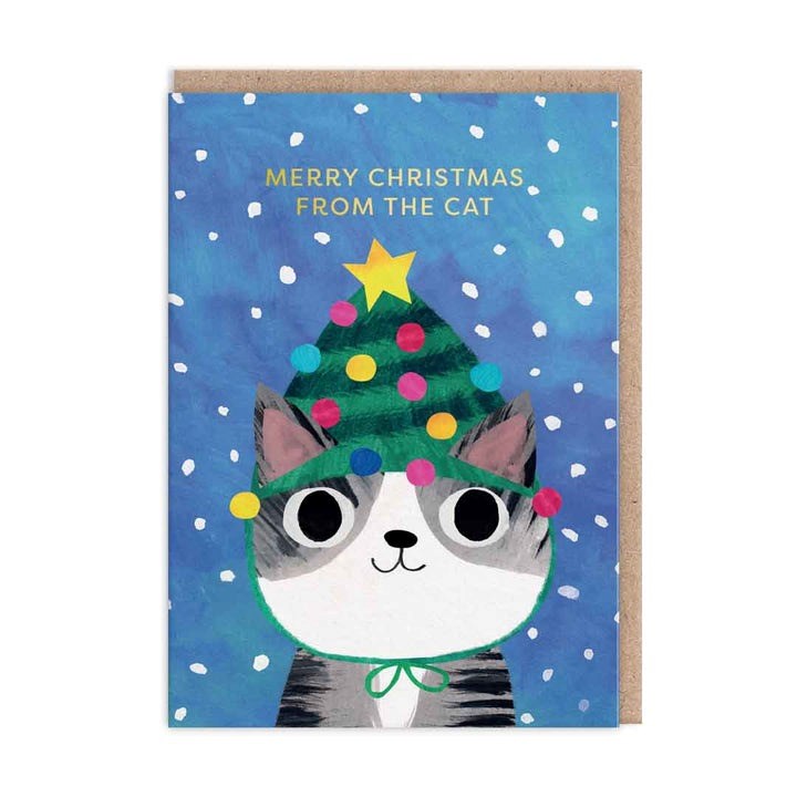 Foil Christmas Card Cat In Tree Hat