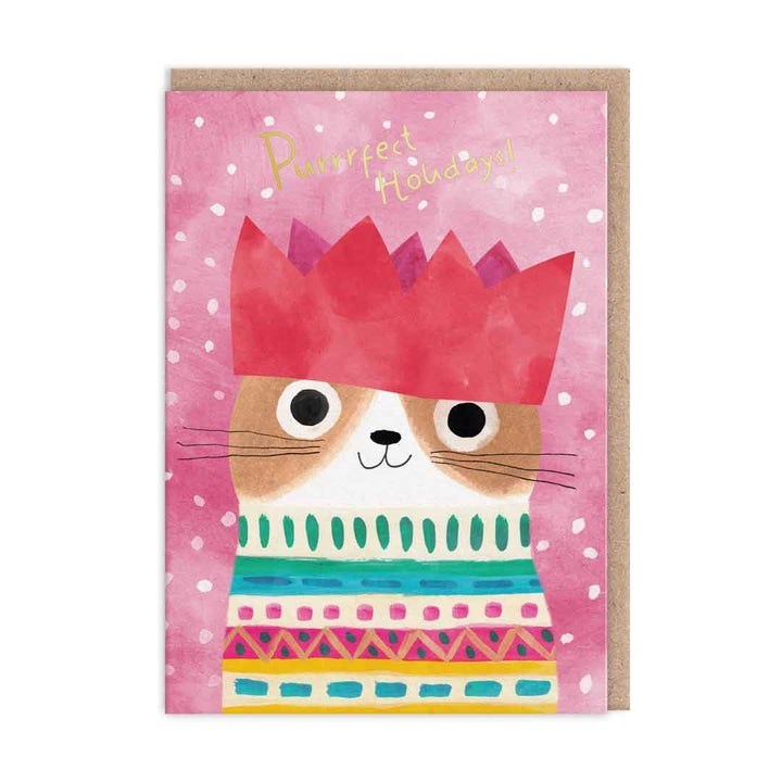 Foil Christmas Card Crown Cat Pink