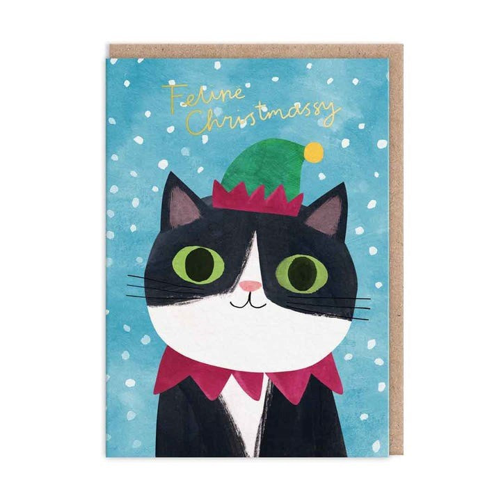 Foil Christmas Card Christmas Elf Hat Cat