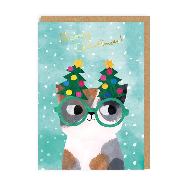 Foil Christmas Card Cat In Tree Glasses