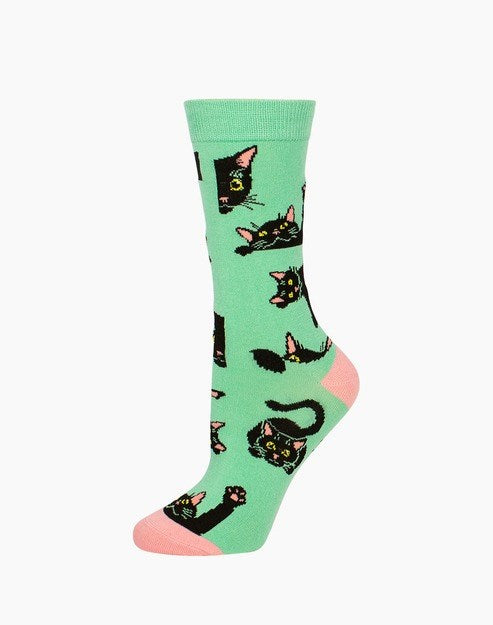 Bamboozld: Womens Black Cat Bamboo Sock - Green lime