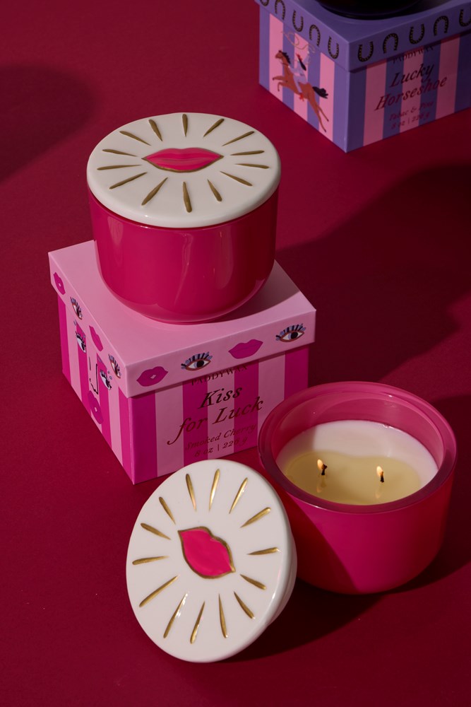 Paddywax: Charmed Hot Pink Glass Candle with Embossed Lips Ceramic Lid - Smoked Cherry