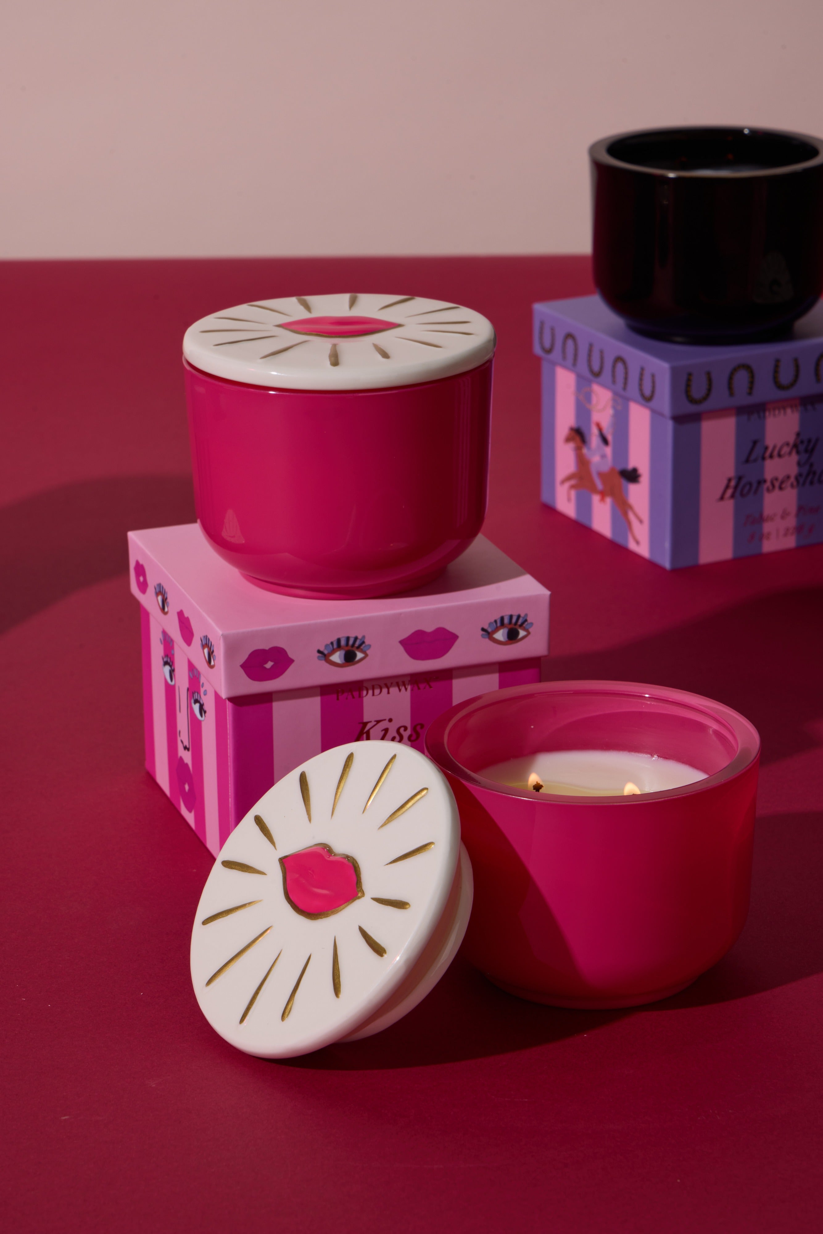 Paddywax: Charmed Hot Pink Glass Candle with Embossed Lips Ceramic Lid - Smoked Cherry