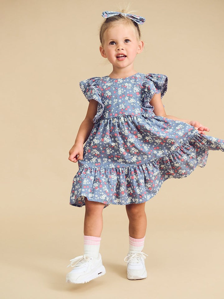 Huxbaby Vintage Strawberry Frill Dress Dusty Blue