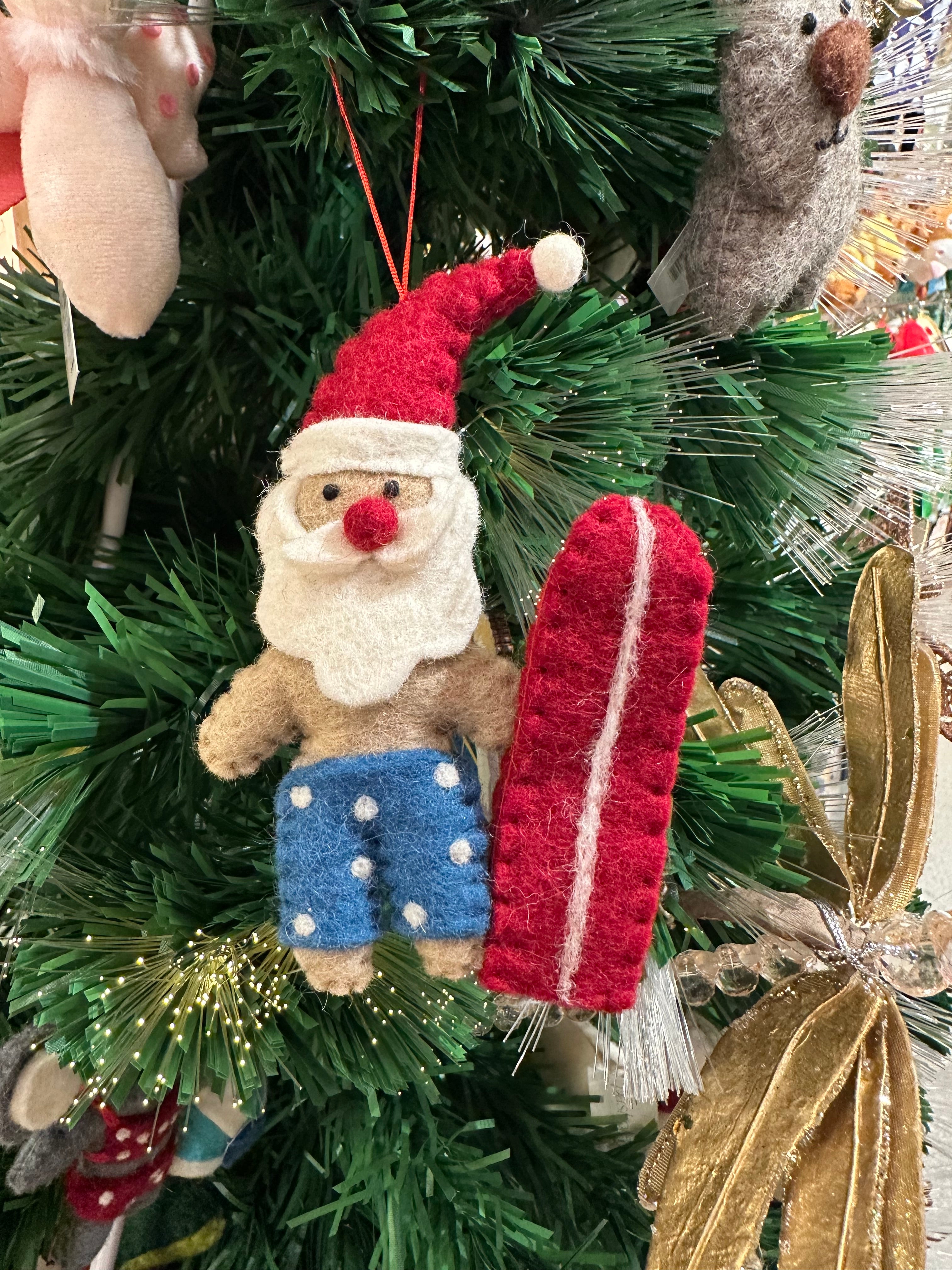 Pashom: Xmas Ornament Surfing Santa with Surfboard