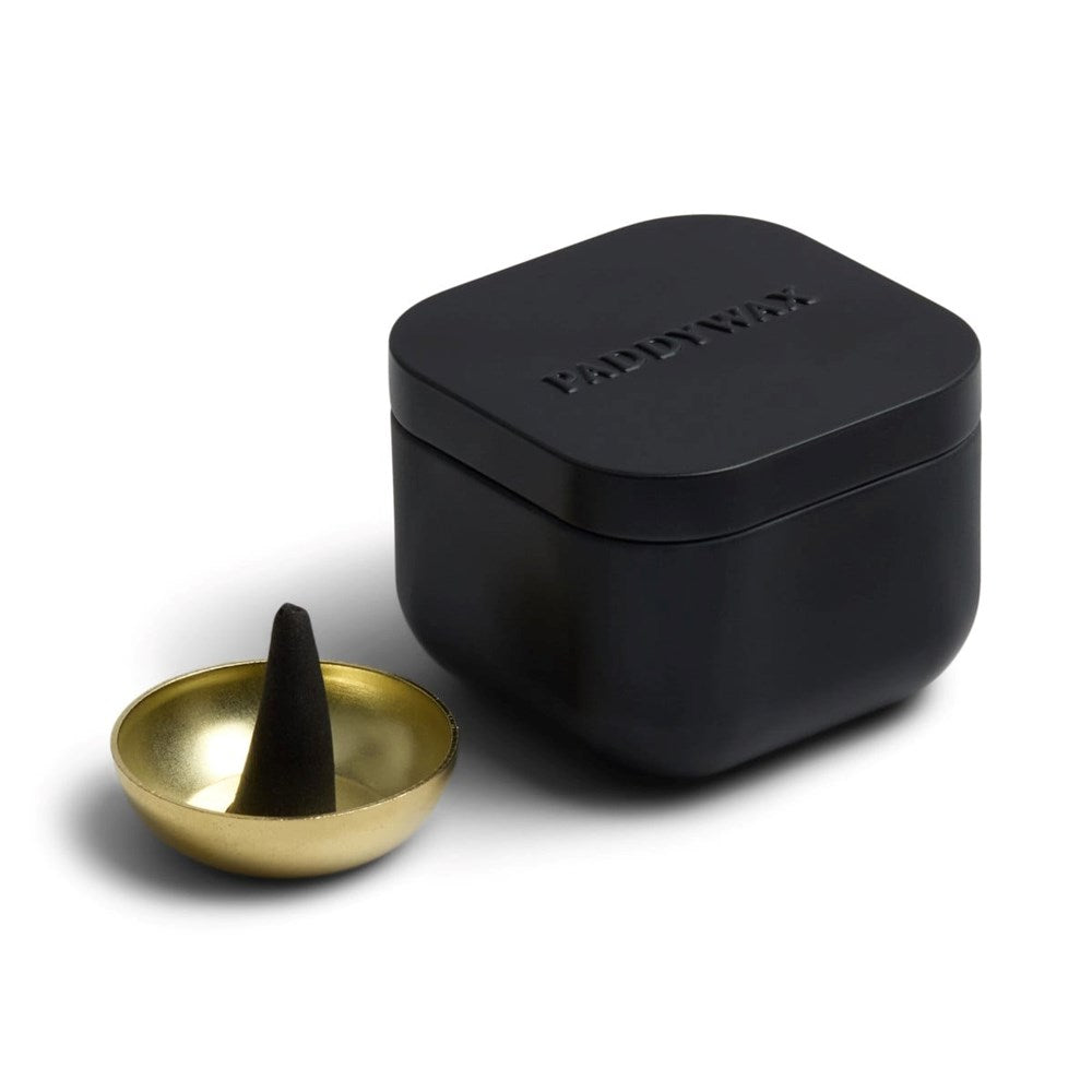 Teak & Tobacco Incense Cone Refill Set with Holder - Black Metal Tin