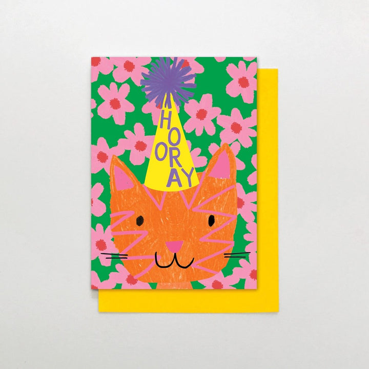 Stop The Clock: Cat With Hooray Party Hat Greeting Card (Pink Lemon)