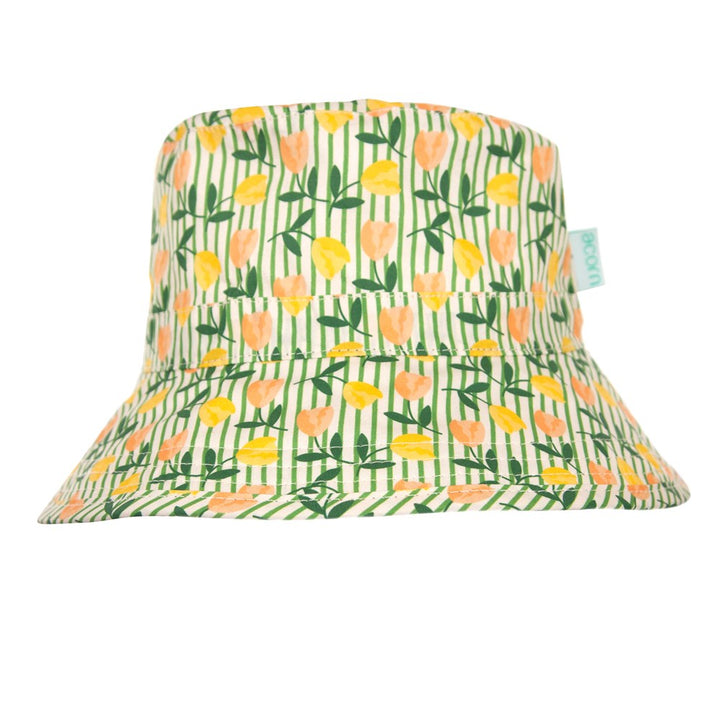 acorn kids: Tulip Broad Brim Bucket Hat Green, Peach and Yellow Floral