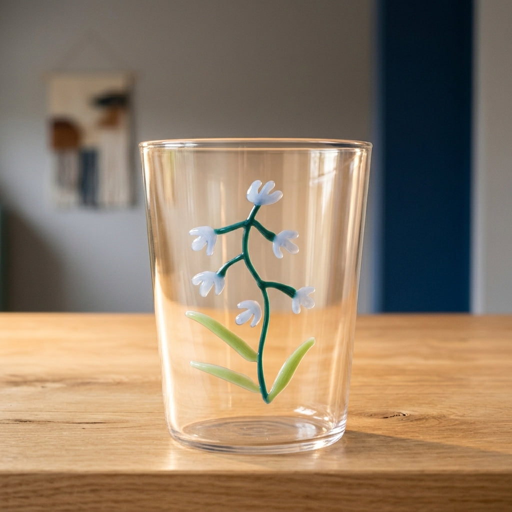 AI creative — GLASS TUMBLER - BLUE BELL BOTANICAL ICONS