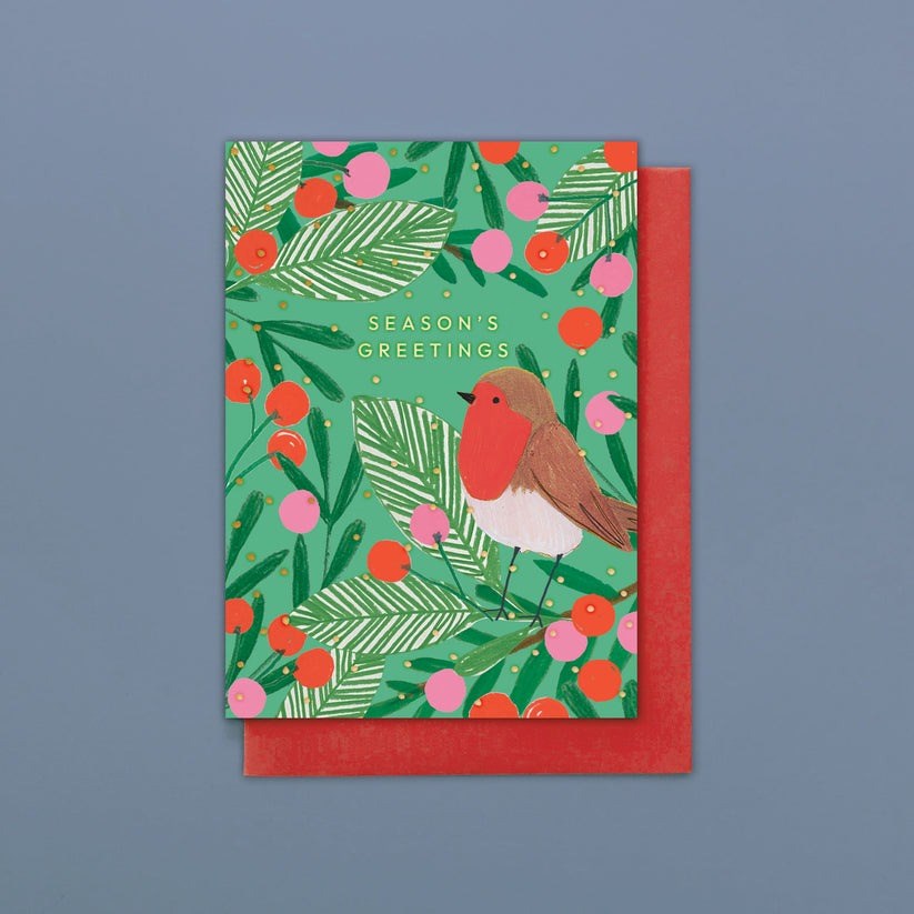 Stop The Clock Card: Pack Of 8 Robin In Berries Xmas Card