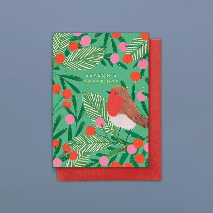 Stop The Clock Card: Pack Of 8 Robin In Berries Xmas Card