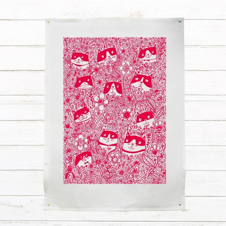 Tea Towels - Cat Flowers Red