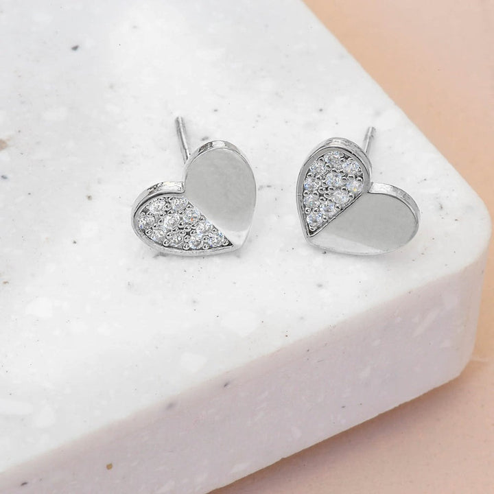 Earring Diamante Half Heart Silver