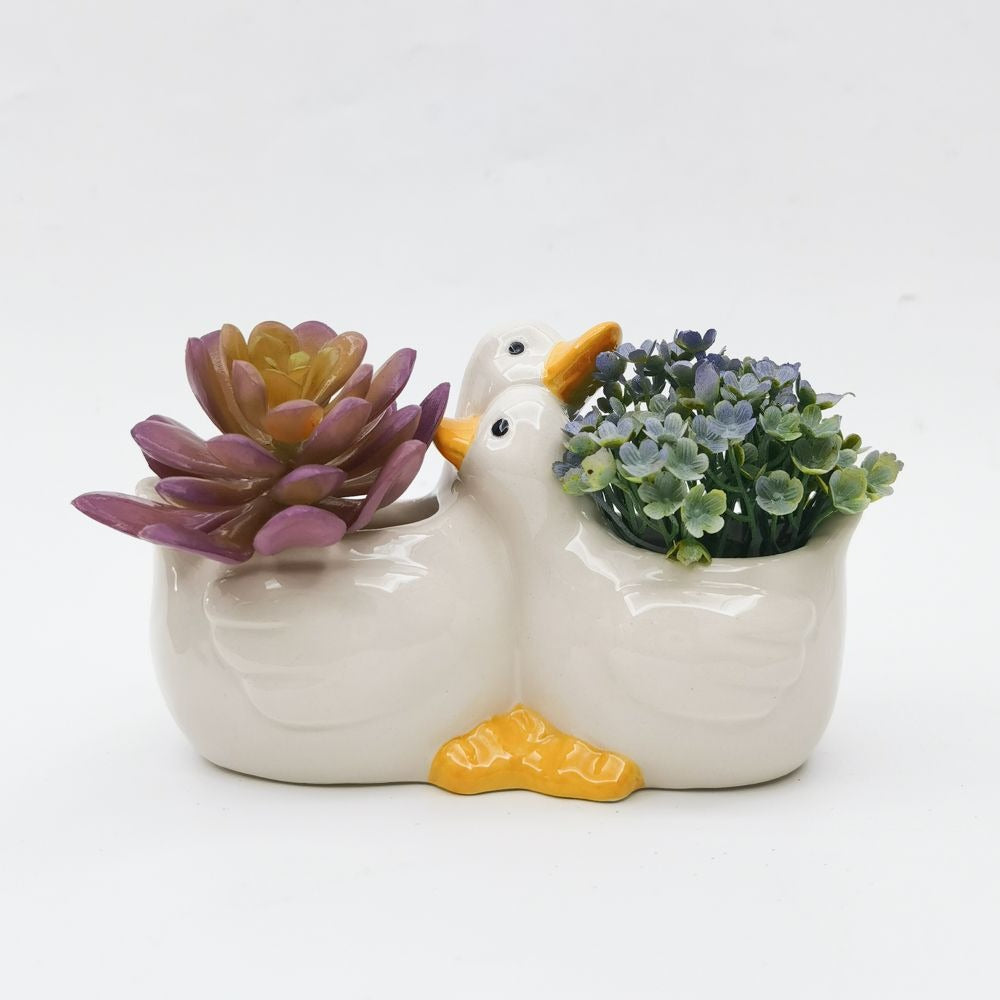 Hugging Ducks Ceramic Planter White & Yellow