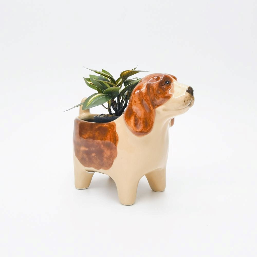 Georgie Dog Planter Brown & White