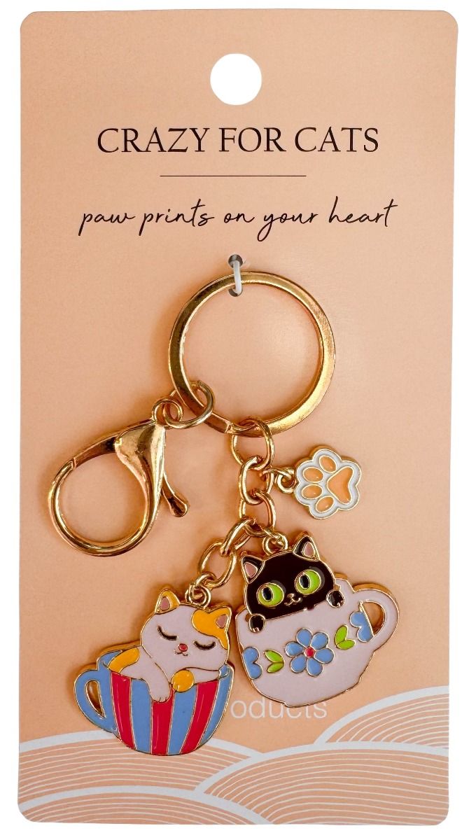 Urban Products Crazy For Cats Tea Cup Keyring - Black & White