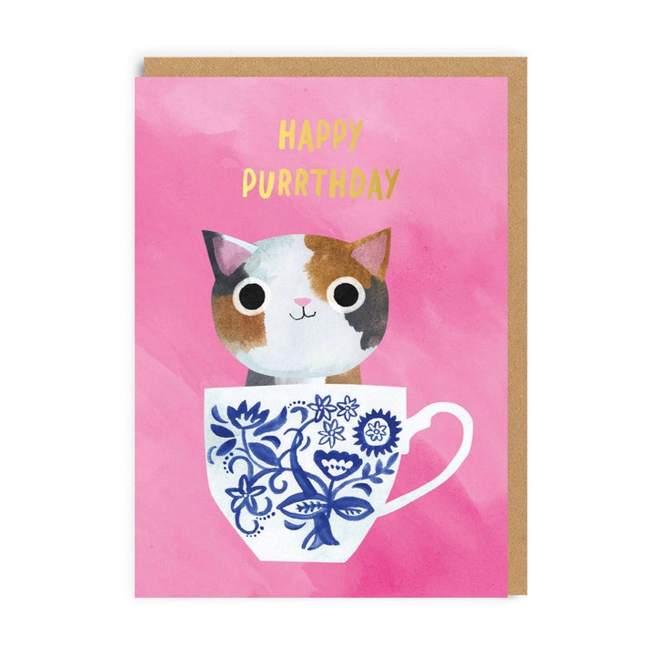 Ohh Deer: Foil Greeting Card Pink Teacup Cat