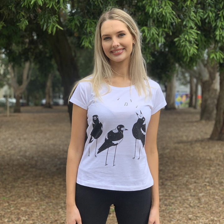 Singing Magpies White Womens Tee