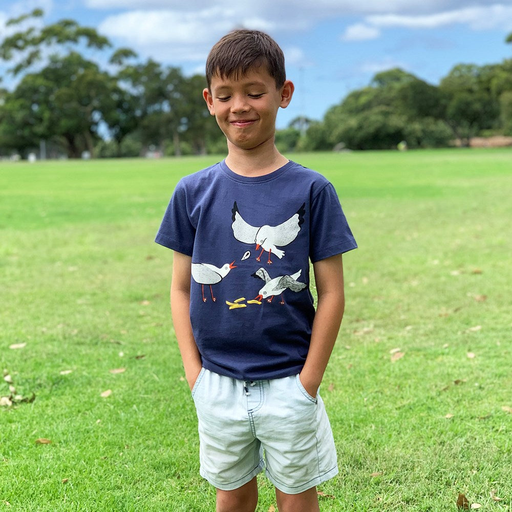 Seagulls Squabble Dusky Blue Kids Tee