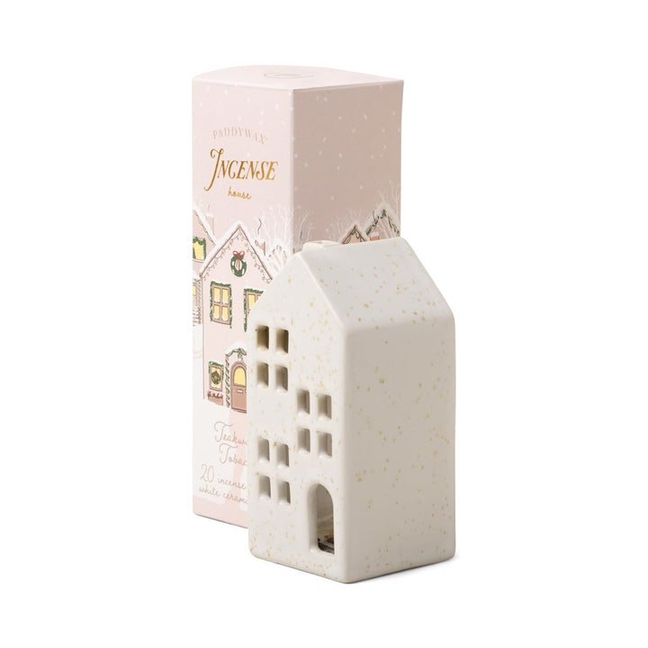 Paddywax: Holiday White Ceramic House Incense Cone Holder Teakwood Tobacco