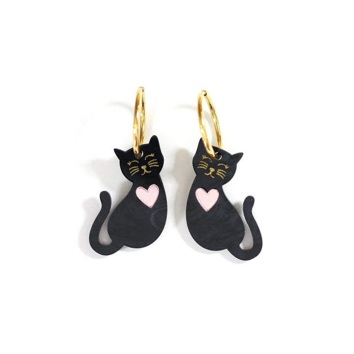 Huniy: Earrings Heart Kitten Hoops Black Marble