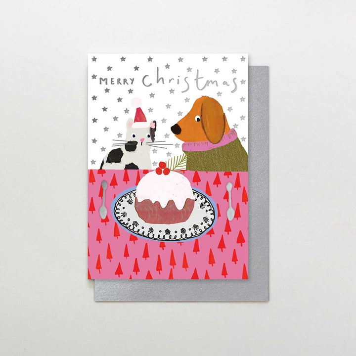 Stop The Clock: Greeting Card Cat and Dog with Xmas Pud