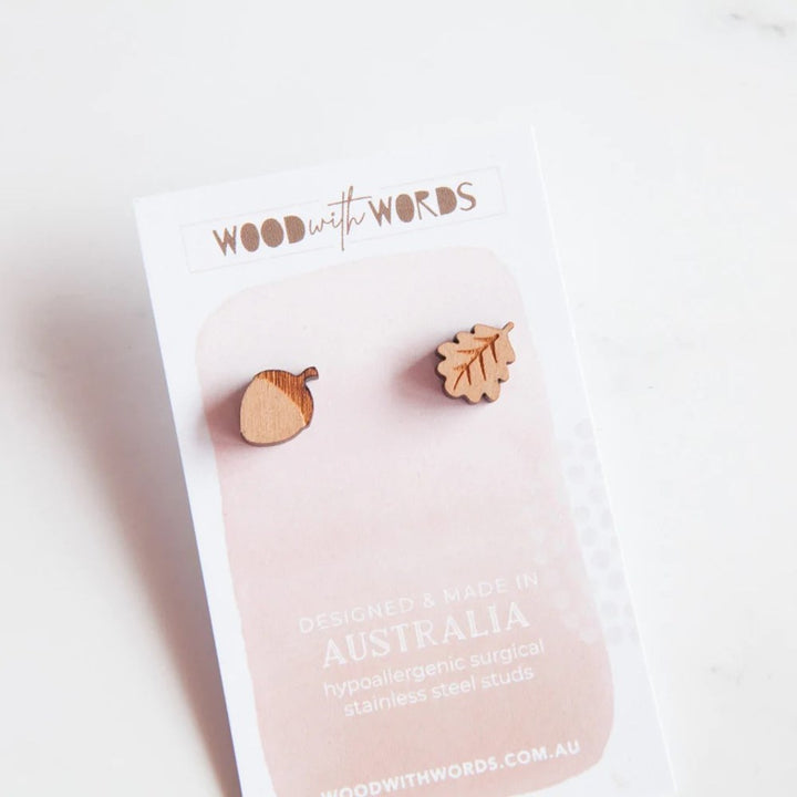 Wood With Words: Wooden Stud Earrings Acorn and Oak Leaf