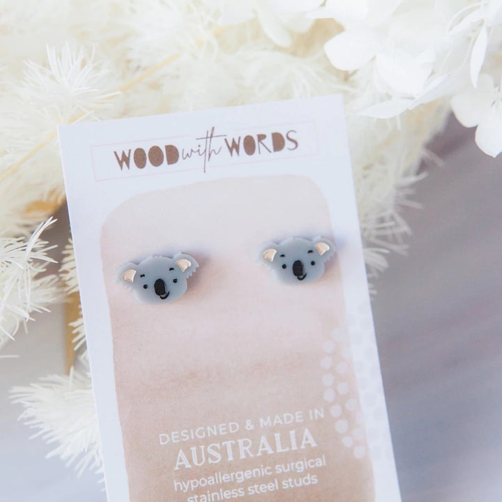 Wood With Words: Acrylic Stud Earrings Grey Koala