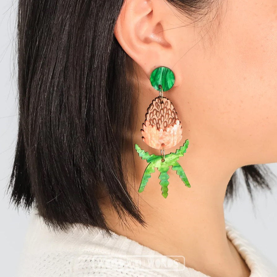 Wood With Words: Dangle Earrings Orange Banksia Green