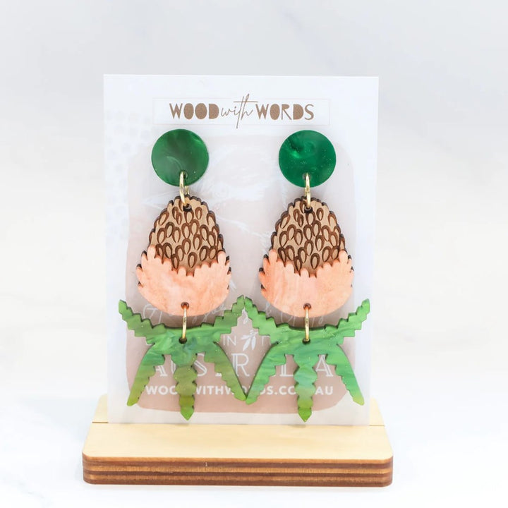 Wood With Words: Dangle Earrings Orange Banksia Green