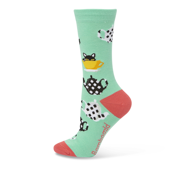Bamboozld: Womens Kitty in a Teacup Mint Bamboo Sock