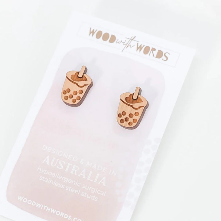 Wood With Words: Wooden Stud Earrings Bubble Tea