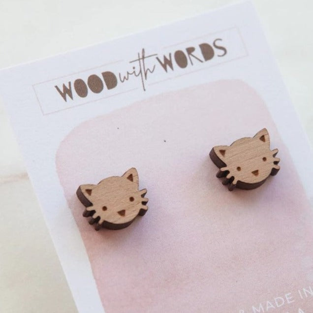 Wood With Words: Wooden Stud Earrings Cat Pet