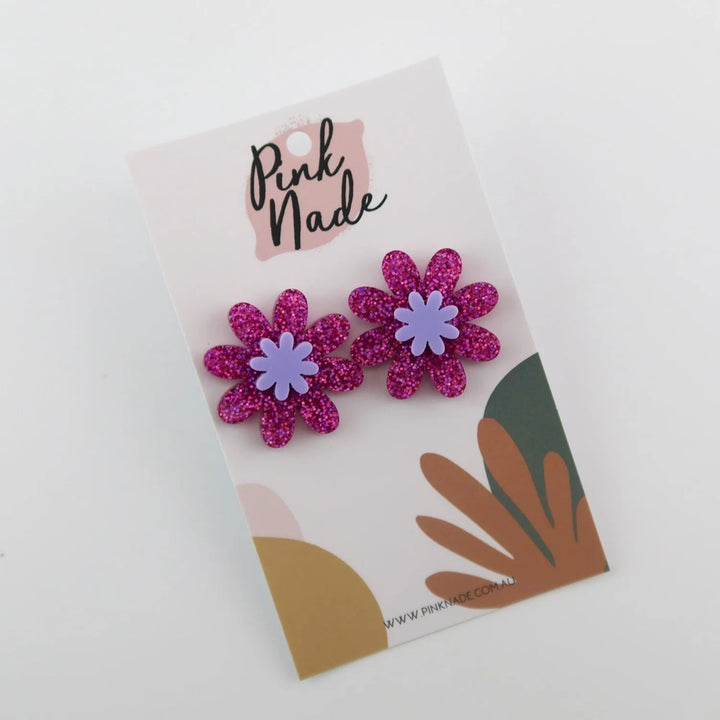 Pink Nade: Daisy Statement Studs Purple Glitter