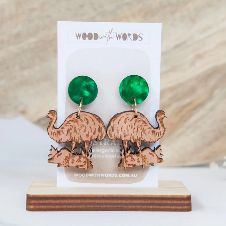 Wood With Words: Wooden Dangle Earrings Emu