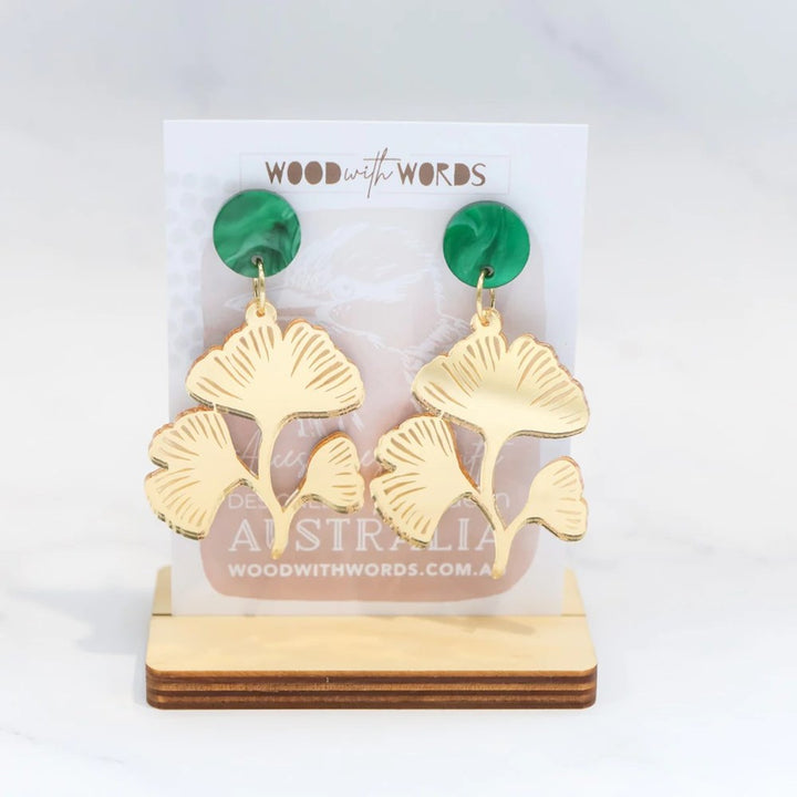Wood With Words: Dangle Earrings Gold Ginkgo Leaves