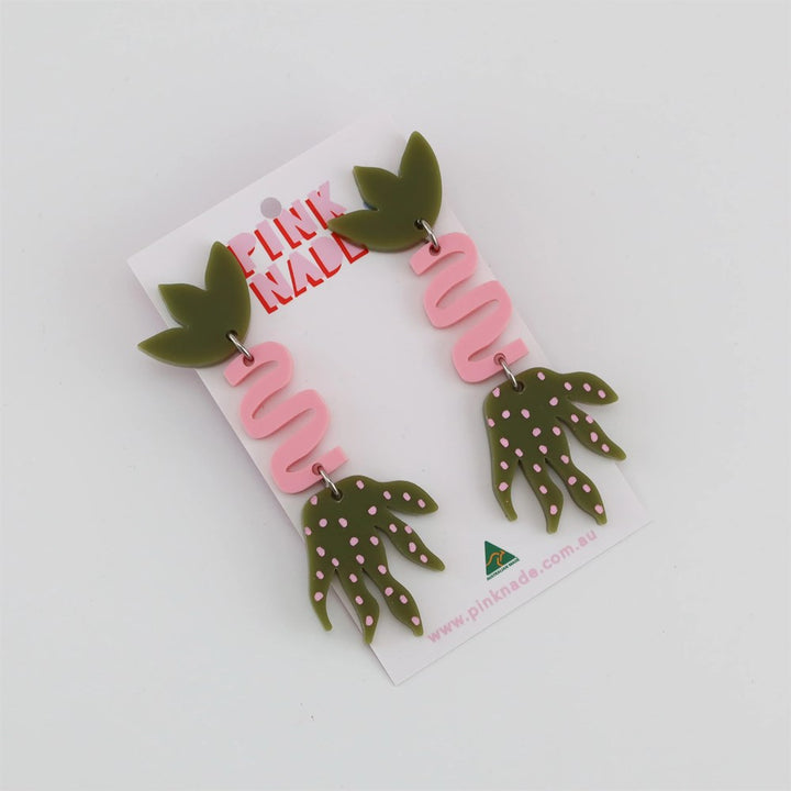 Pink Nade: Fleur Dangle Earrings Olive Pink