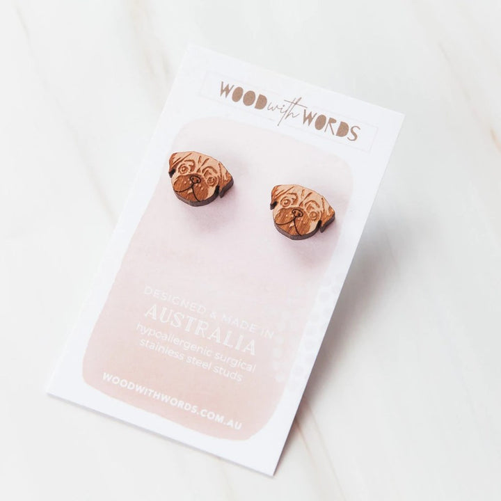 Wood With Words: Wooden Stud Earrings Pug