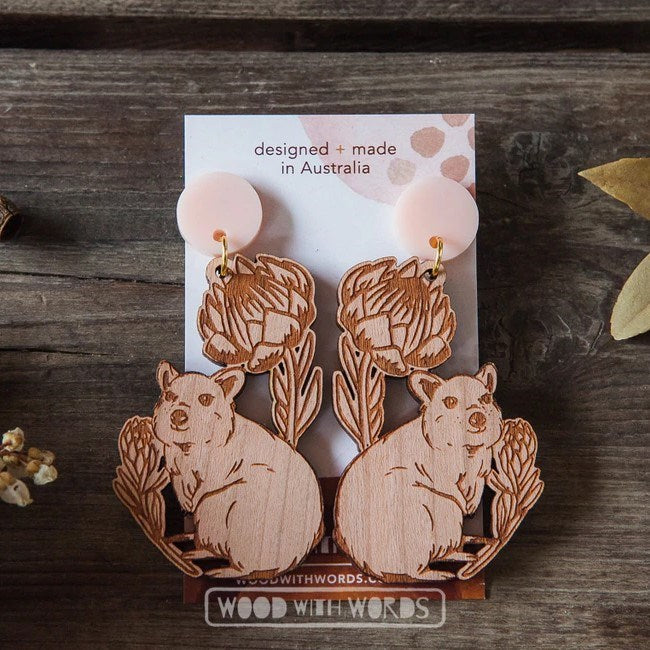 Wood With Words: Dangle Earrings Quokka Protea