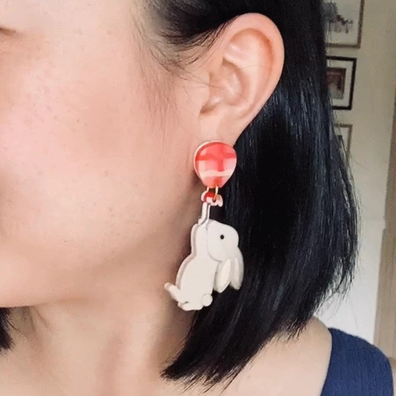 Wood With Words: Dangle Earrings Rabbit Flying Balloon