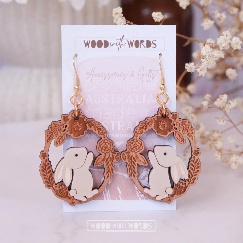 Wood With Words: Dangle Earrings Rabbit Floral Wreath