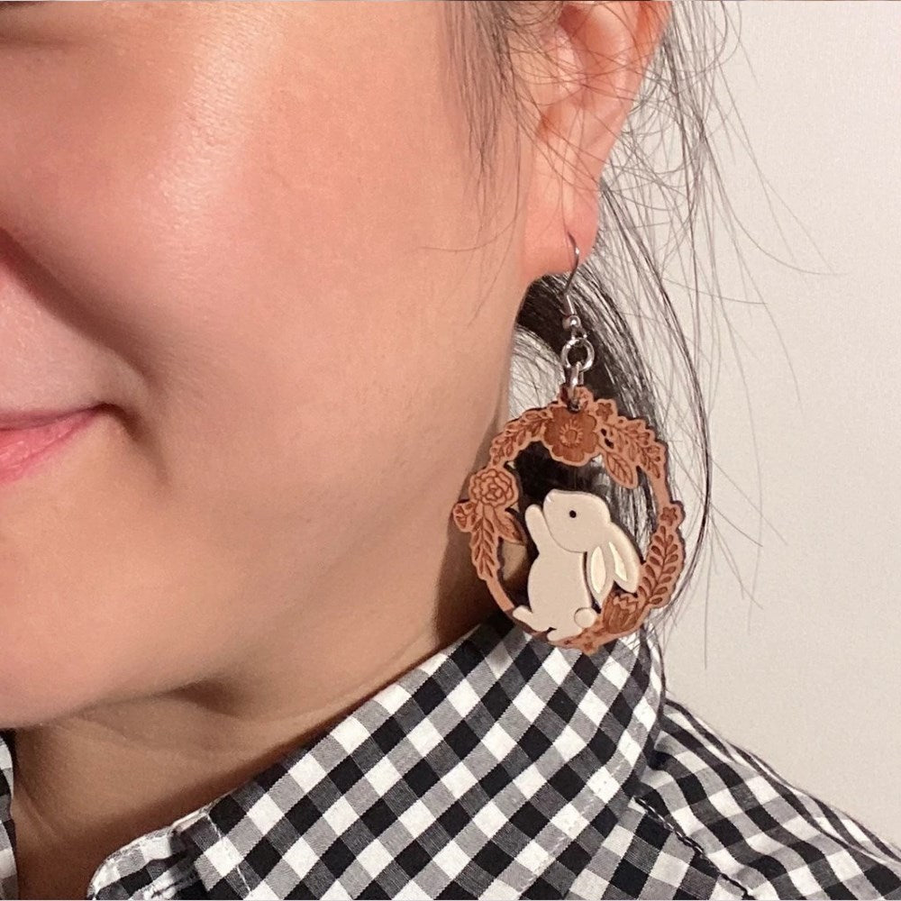 Wood With Words: Dangle Earrings Rabbit Floral Wreath