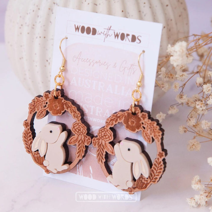 Wood With Words: Dangle Earrings Rabbit Floral Wreath